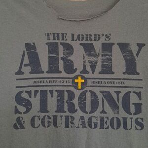 ARMY STRONG for the Lord Kahki Green Women's Size Medium Distressed Neckline
